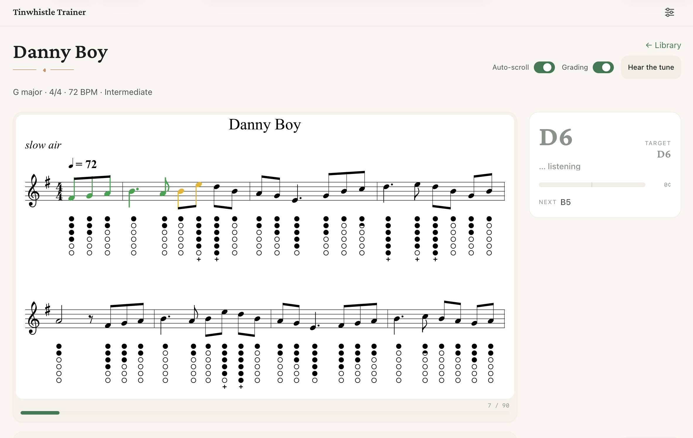 Tin Whistle Trainer showing sheet music for Danny Boy mid-run — green and yellow notes, whistle fingering diagrams, and the live pitch panel